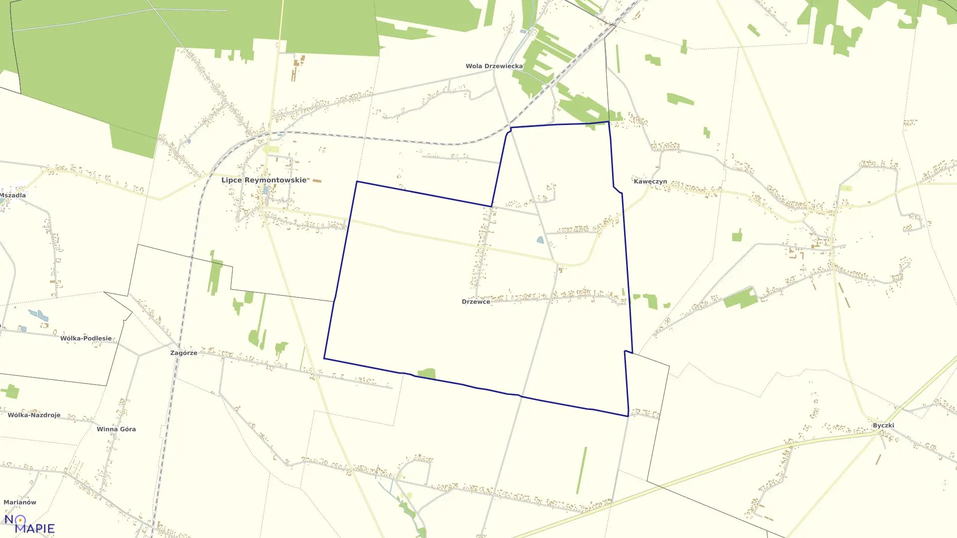Mapa obrębu DRZEWCE w gminie Lipce Reymontowskie