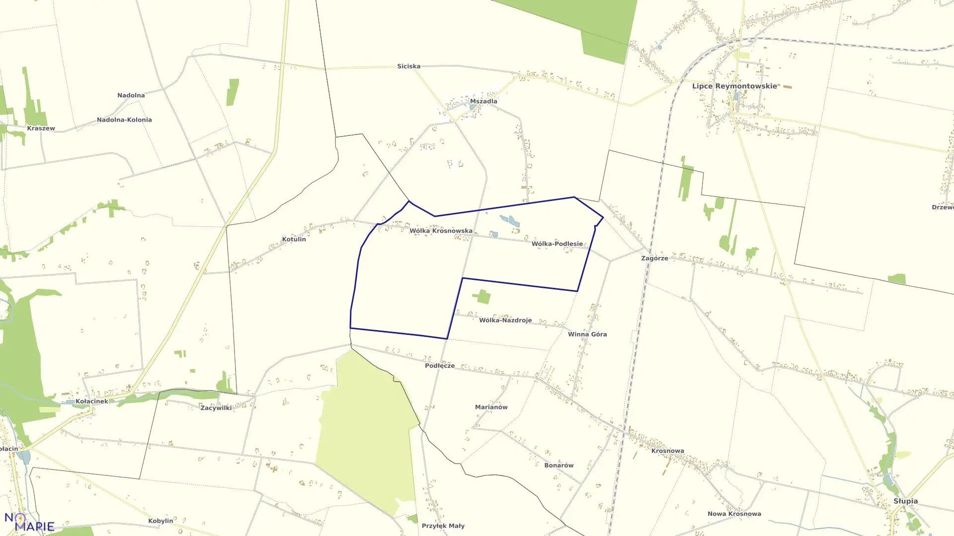 Mapa obrębu WÓLKA KROSNOWSKA w gminie Lipce Reymontowskie